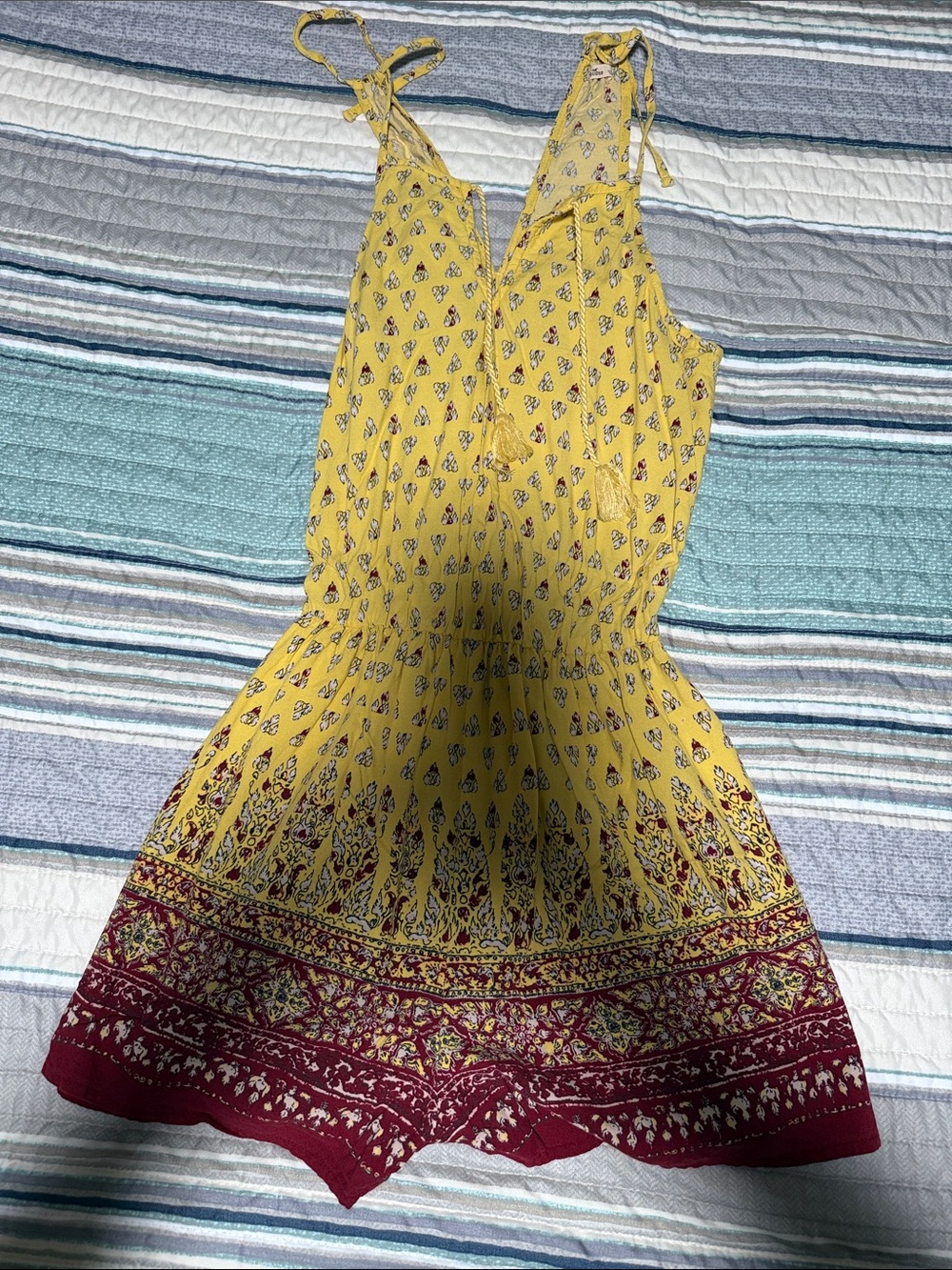 Yellow Boho Printed Romper with Burgundy Border